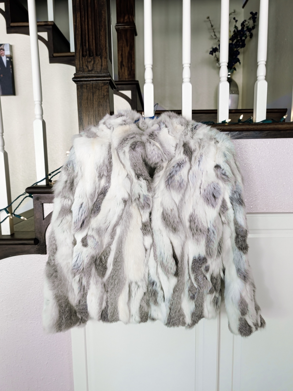 Women rabbit Fur Coat - Gray & White, size L
